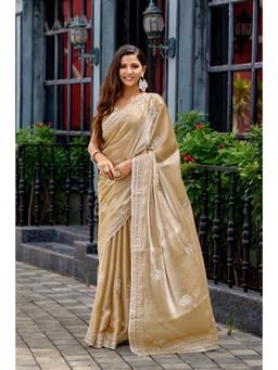 Gahan - Beige Chiffon Festive Saree with Unstitched Blouse