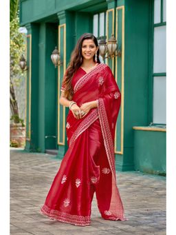 Gahan - Red Chiffon Festive Saree with Unstitched Blouse