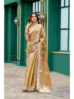 Gahan - Beige Chiffon Festive Saree with Unstitched Blouse