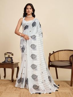 Gahan - White Linen Festive Saree with Unstitched Blouse