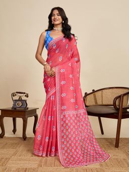 Gahan - Pink Linen Festive Saree with Unstitched Blouse