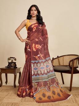 Gahan - Brown Linen Festive Saree with Unstitched Blouse