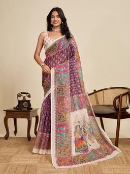 Gahan - Purple Linen Festive Saree with Unstitched Blouse