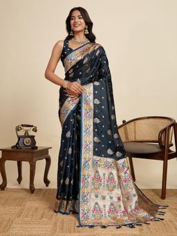 Gahan - Navy Blue Satin Festive Saree with Unstitched Blouse