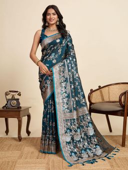 Gahan - Teal Satin Festive Saree with Unstitched Blouse