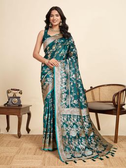 Gahan - Teal Satin Festive Saree with Unstitched Blouse
