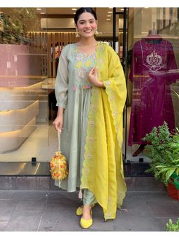 Gahan - Sage Green Anarkali Kurta with Pant & Dupatta