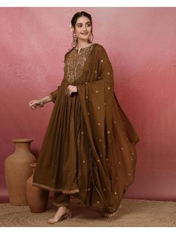 Gahan - Brown Anarkali Kurta with Pant & Dupatta