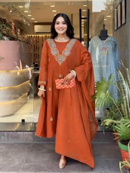 Gahan - Rust A-Line Anarkali Kurta with Pant & Dupatta
