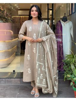 Gahan - Beige A-Line Anarkali Kurta with Pant & Dupatta