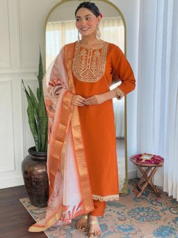 Gahan - Orange Straight Kurta with Pant & Dupatta