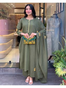 Gahan - Olive Green A-Line Kurta with Pant & Dupatta