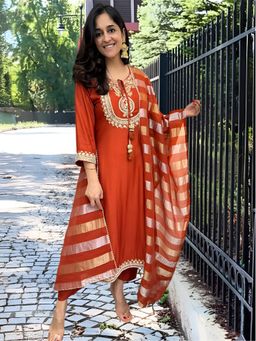 Gahan - Orange Anarkali Kurta with Pant & Dupatta