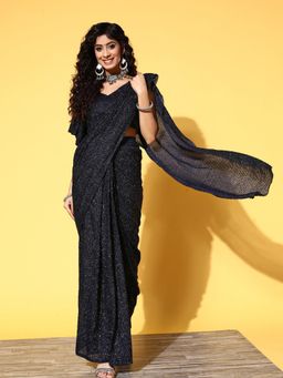 Tikhi Imli - Navy Blue Embellished Lycra Ready to Wear Saree with Unstitched Blouse