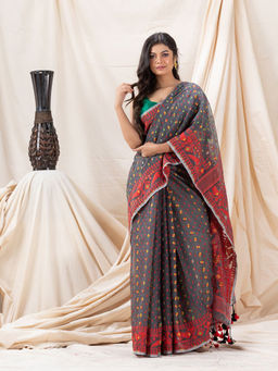 Angoshobha - Traditional Deep Grey Soft Dhakai Jamdani Saree with Unstitched Blouse