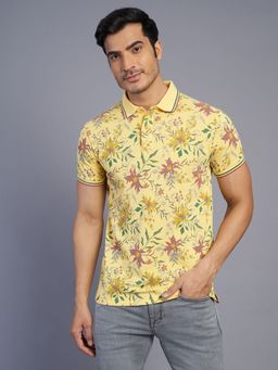 Greenfibre - Men's Light Yellow Flower Slim Fit Half Sleeve Polo T-Shirt