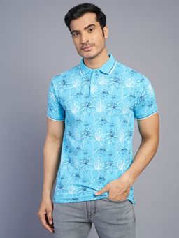 Greenfibre - Men's Blue Floral Slim Fit Half Sleeve Polo T-Shirt