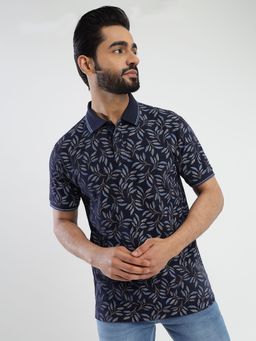 Greenfibre - Men's Navy Blue Printed Slim Fit Half Sleeve Polo T-Shirt