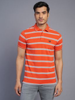 Greenfibre - Men's Orange Striped Slim Fit Half Sleeve Polo T-Shirt