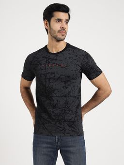 Greenfibre - Men's Black Printed Slim Fit Half Sleeve Round Neck T-Shirt