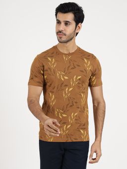 Greenfibre - Men's Khaki Printed Slim Fit Half Sleeve Round Neck T-Shirt