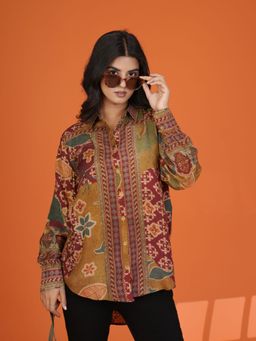 KAFTANIZE - Multi-Color Floral Print Button Front High Low Hem Shirt