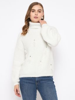 Madame - Women Off White Embellished Sweater