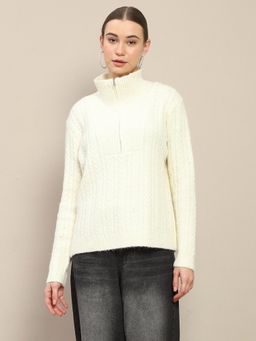 Madame - Women Off White Self Design Sweater