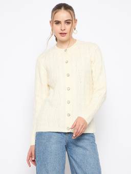 Madame - Women Off White Solid Cardigans