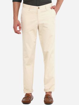 Greenfibre - Mens Cream 100% Cotton Slim Fit Solid Casual Trouser