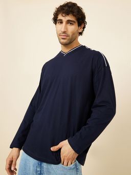 Styli - Long Boxy T-Shirt V-Neck Rib Tipping Detail
