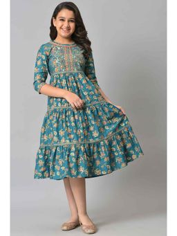 Aurelia - Girls Green Foil Floral Printed Tiered Dress