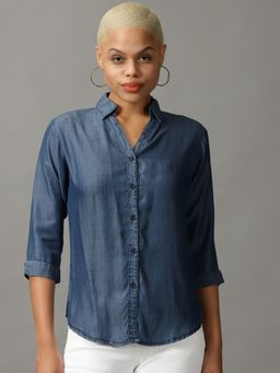 SHOWOFFFF - Womens Spread Collar Solid Navy Blue Shirt