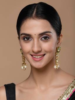 Dugran By Dugristyle - Green & Gold Drop Earring with Kundan & Pearls