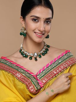 Dugran By Dugristyle - Green & Gold Drop Earring with Kundan & Pearls