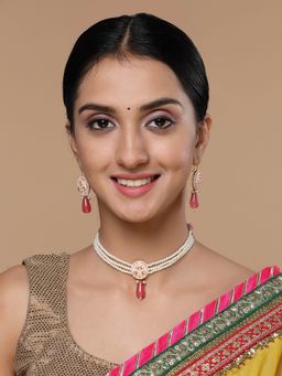 Dugran By Dugristyle - Pink & Gold Drop Earring with Kundan & Pearls