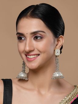 Dugran By Dugristyle - Silver & Gold Jhumkas Earring with American Diamonds & Pearls