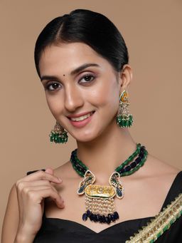 Dugran By Dugristyle - Yellow & Green Jhumkas Earring with Kundan & Pearls