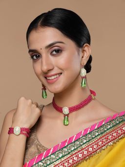 Dugran By Dugristyle - Green & Pink Necklace with Earring Jewellery Set Kundan & Pearls