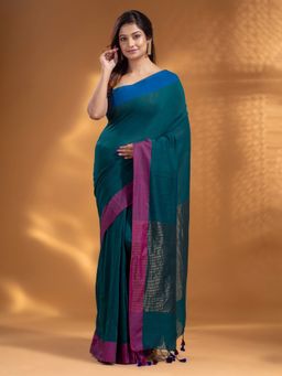 Arhi - Teal Pure Cotton Handwoven Soft Saree with Zari Pallu