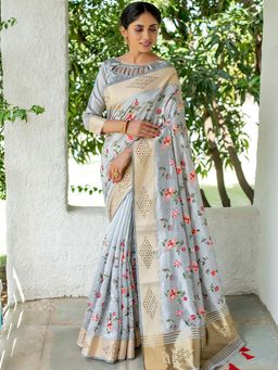 Odette - Grey Colour Mysore Silk Beautiful Saree with Unstitched Blouse