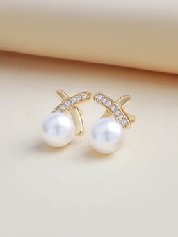 Ornate Jewels - 925 Silver Yellow Gold 7 MM Freshwater Pearl Stud Earring for Women & Girls