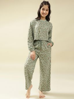 Lil Tomatoes - Cotton Knit Full Sleeves Printed Sleepsuit - OilGreen