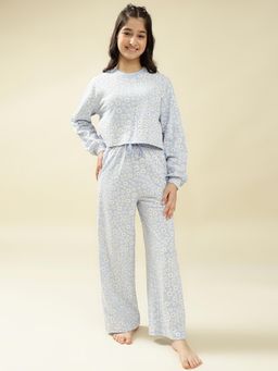 Lil Tomatoes - Cotton Knit Full Sleeves Floral Printed Sleepsuit - Blue