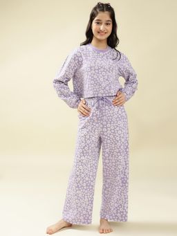 Lil Tomatoes - Cotton Knit Full Sleeves Floral Printed Sleepsuit - Lavender