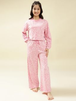 Lil Tomatoes - Cotton Knit Full Sleeves Floral Printed Sleepsuit - Pink