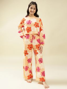 Lil Tomatoes - Cotton Knit Full Sleeves Floral Printed Sleepsuit - Peach