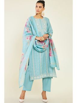 Soch - Women Blue Chanderi Embroidered Suit (Set of 3)