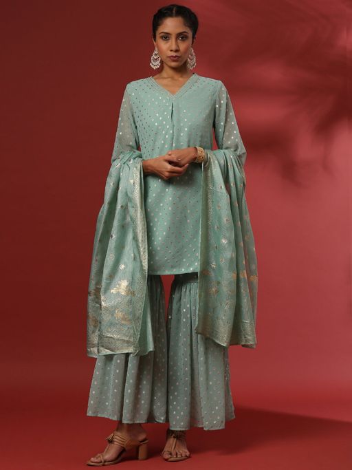 Abhishti Foil Print Short Kurta with Garara & Dupatta - Mint Green (Set of 3)