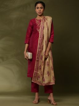 Abhishti - Embroidered Kurta with Pant & Contrast Print Dupatta - Maroon (Set of 3)